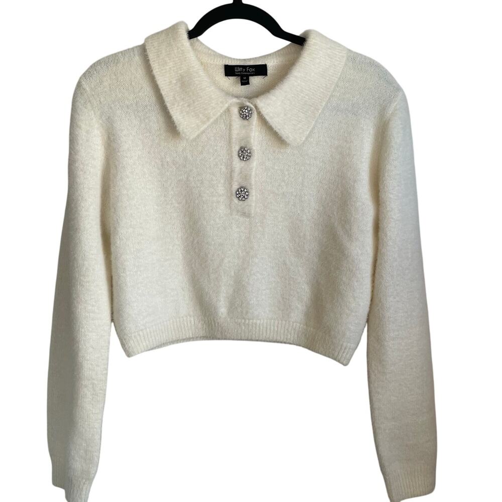 Witty Fox NWOT Cropped Fuzzy Sweater Sz M Rhinestone Buttons Cream Soft Girl